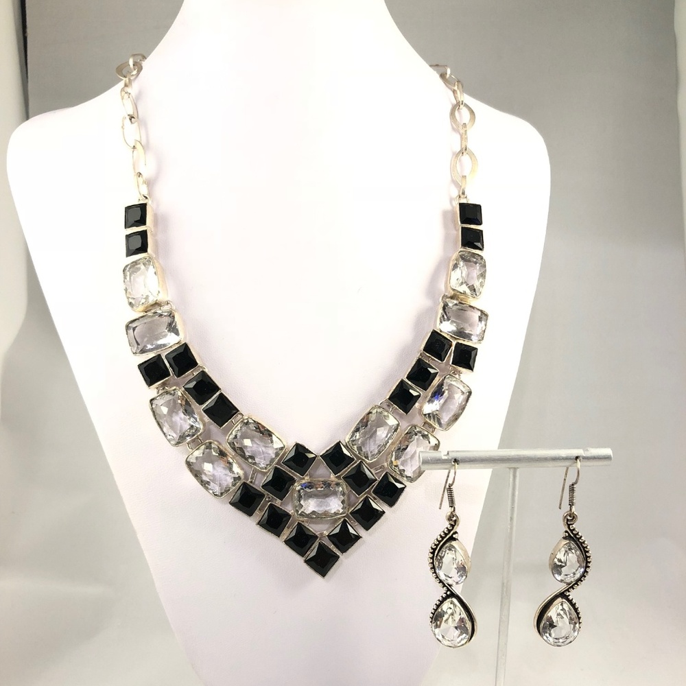 Artisan Made Clear Quartz & Onyx Necklace Set